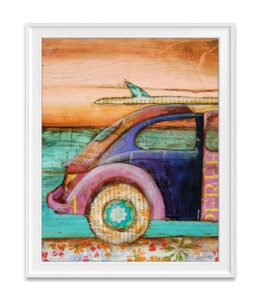 the perfect day, danny phillips art print, unframed, classic antique vintage car surfboard ocean beach inspired funky retro vintage mixed media art wall and home decor poster, 8x10 inches