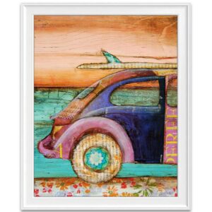 The Perfect Day, Danny Phillips Art Print, Unframed, Classic Antique Vintage Car Surfboard Ocean Beach Inspired Funky Retro Vintage Mixed Media Art Wall and Home Decor Poster, 8x10 Inches