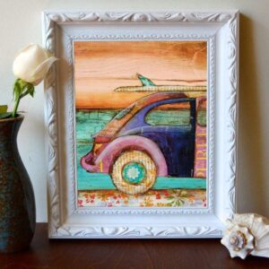 The Perfect Day, Danny Phillips Art Print, Unframed, Classic Antique Vintage Car Surfboard Ocean Beach Inspired Funky Retro Vintage Mixed Media Art Wall and Home Decor Poster, 8x10 Inches