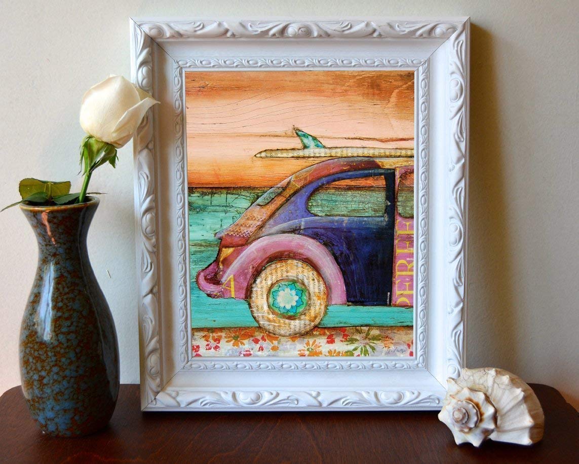 The Perfect Day, Danny Phillips Art Print, Unframed, Classic Antique Vintage Car Surfboard Ocean Beach Inspired Funky Retro Vintage Mixed Media Art Wall and Home Decor Poster, 8x10 Inches