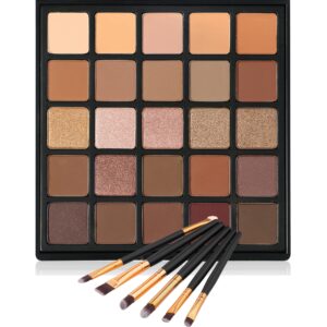 vodisa nude neutral eyeshadow palette, matte and shimmer eye shadows long lasting blendable eyeshadow with makeup brushes set warm brown waterproof high pigment powder pallet 25b