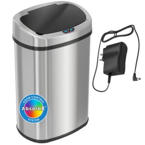 sensorcan 13 gallon automatic touchless sensor kitchen trash can with ac adapter and odor filter kit, stainless steel, oval shape, battery free operation with included ac adapter