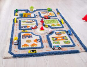 ivi thick 3d childrens play mat & rug in a colorful town design for kids with soccer field, car park & roads, blue, 32 x 45 inches