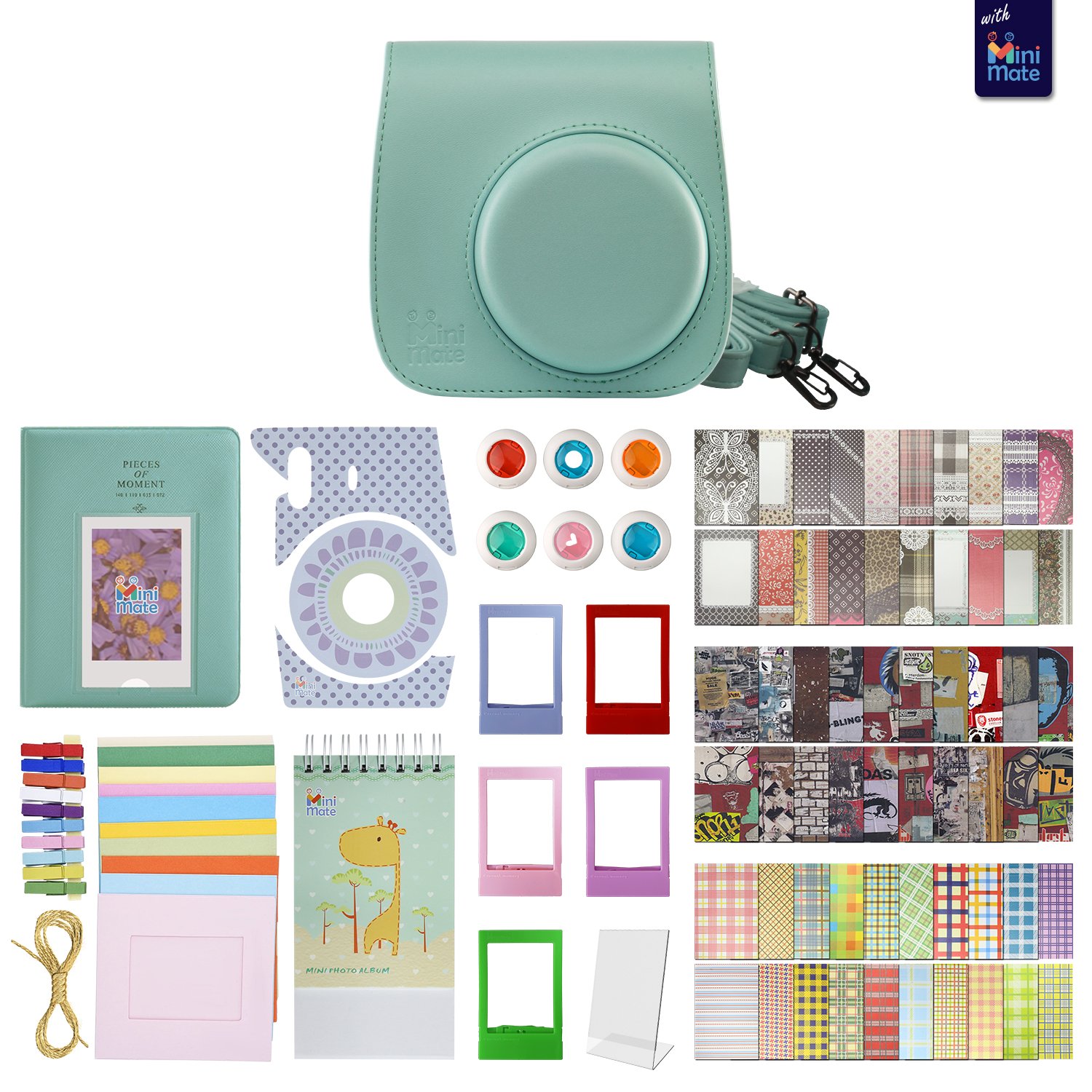 Fujifilm Instax Mini 9 Accessory Bundle - 14 in 1 Kit with Close Up and Color Filters, Photo Album, Colorful Picture Frames, Ice Blue Camera Case and Removable Strap (Ice Blue)