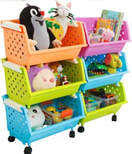 magdesigner kids' toys chest large baskets storage bins organizer with wheels can move everywhere natural/primary (primary collection) (6 baskets choose)