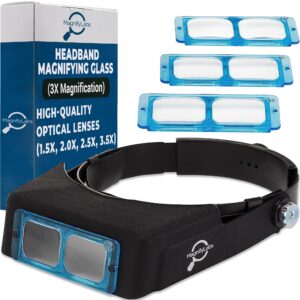 headband magnifier headset - magnifying visor with 4 real glass optical lens plates (1.5x, 2x, 2.5x, 3.5x)