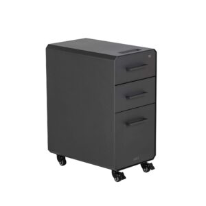 vari slim file cabinet - three drawer office filing cabinet - compact, mobile pedestal with heavy-duty steel - home or office lockable storage cabinet with roll-and-lock caster wheels (charcoal grey)