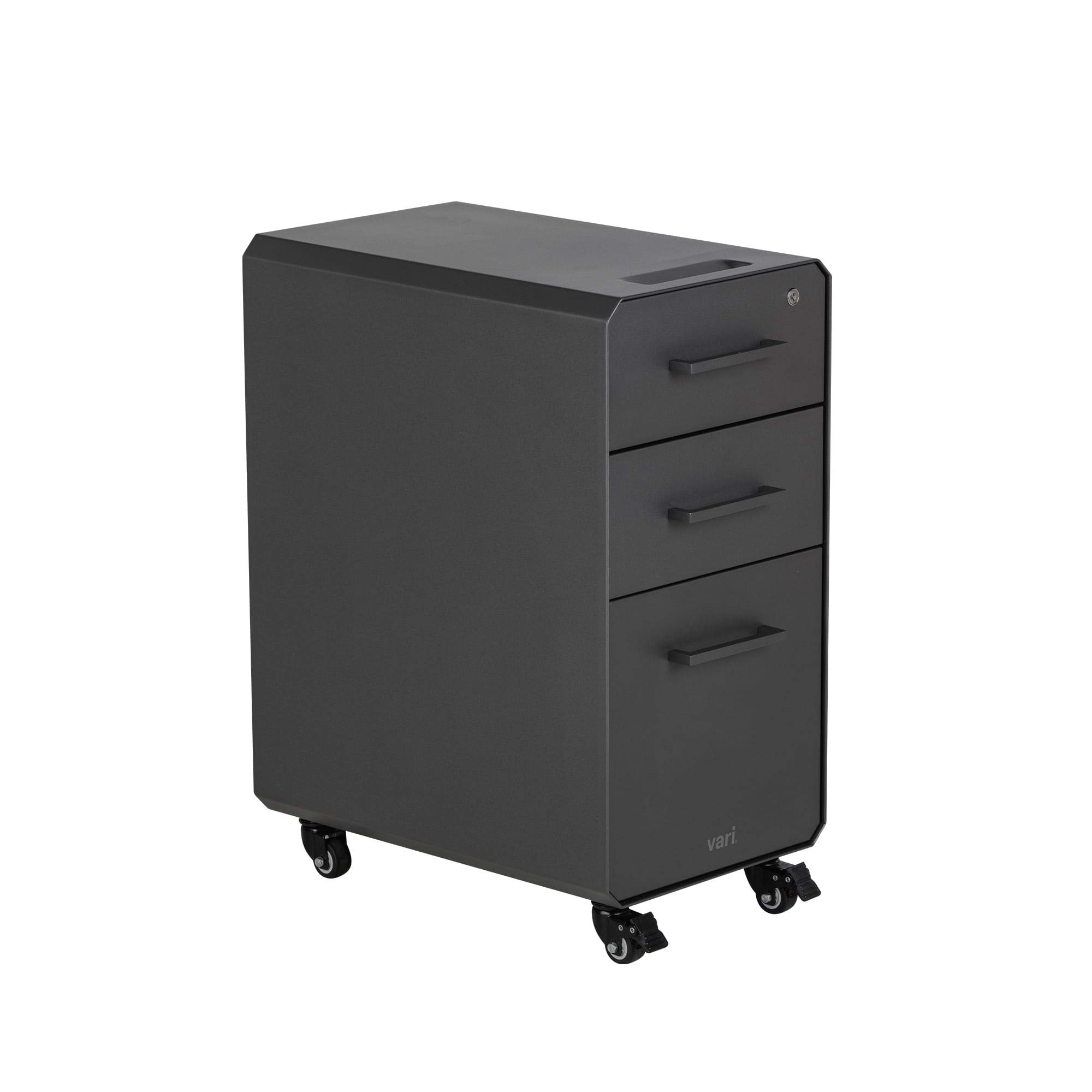 Vari Slim File Cabinet - Three Drawer Office Filing Cabinet - Compact, Mobile Pedestal with Heavy-Duty Steel - Home or Office Lockable Storage Cabinet with Roll-and-Lock Caster Wheels (Charcoal Grey)