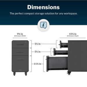 Vari Slim File Cabinet - Three Drawer Office Filing Cabinet - Compact, Mobile Pedestal with Heavy-Duty Steel - Home or Office Lockable Storage Cabinet with Roll-and-Lock Caster Wheels (Charcoal Grey)