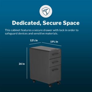 Vari Slim File Cabinet - Three Drawer Office Filing Cabinet - Compact, Mobile Pedestal with Heavy-Duty Steel - Home or Office Lockable Storage Cabinet with Roll-and-Lock Caster Wheels (Charcoal Grey)