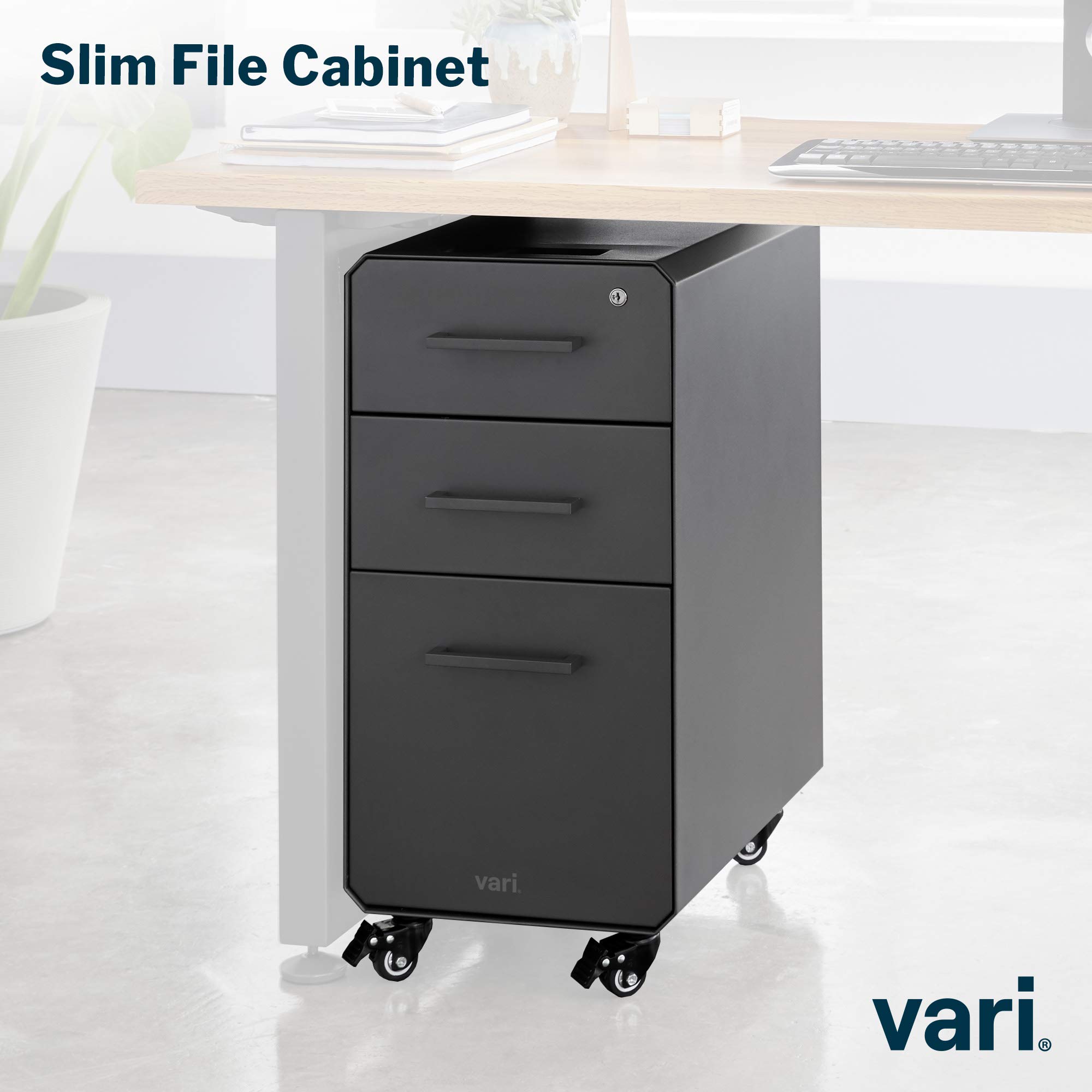 Vari Slim File Cabinet - Three Drawer Office Filing Cabinet - Compact, Mobile Pedestal with Heavy-Duty Steel - Home or Office Lockable Storage Cabinet with Roll-and-Lock Caster Wheels (Charcoal Grey)