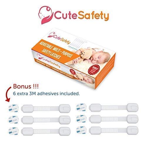 CUTESAFETY Child Proof Safety Locks - Baby Proofing Cabinet Lock with 6 Extra 3M Adhesives - Adjustable Strap Latches to Cabinets,Drawers,Cupboard,Oven,Fridge,Closet Seat,Door,Window (White, 6)