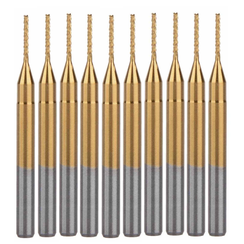 HOZLY 10Pcs 1/8'' Shank 0.8mm Titanium Coat Carbide End Mill Engraving Bits CNC Rotary Burrs Tool for PCB Mould Plastic Fiber Carbon Fiber Hardwood