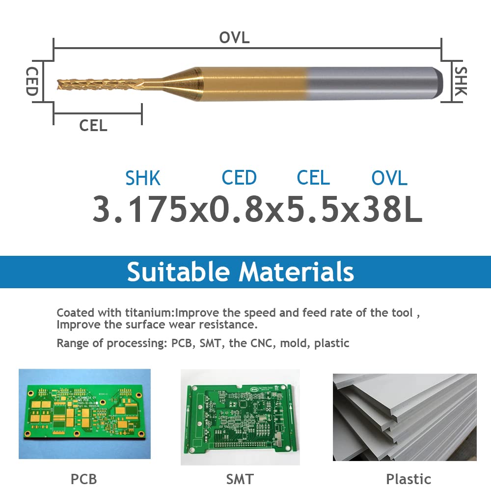 HOZLY 10Pcs 1/8'' Shank 0.8mm Titanium Coat Carbide End Mill Engraving Bits CNC Rotary Burrs Tool for PCB Mould Plastic Fiber Carbon Fiber Hardwood