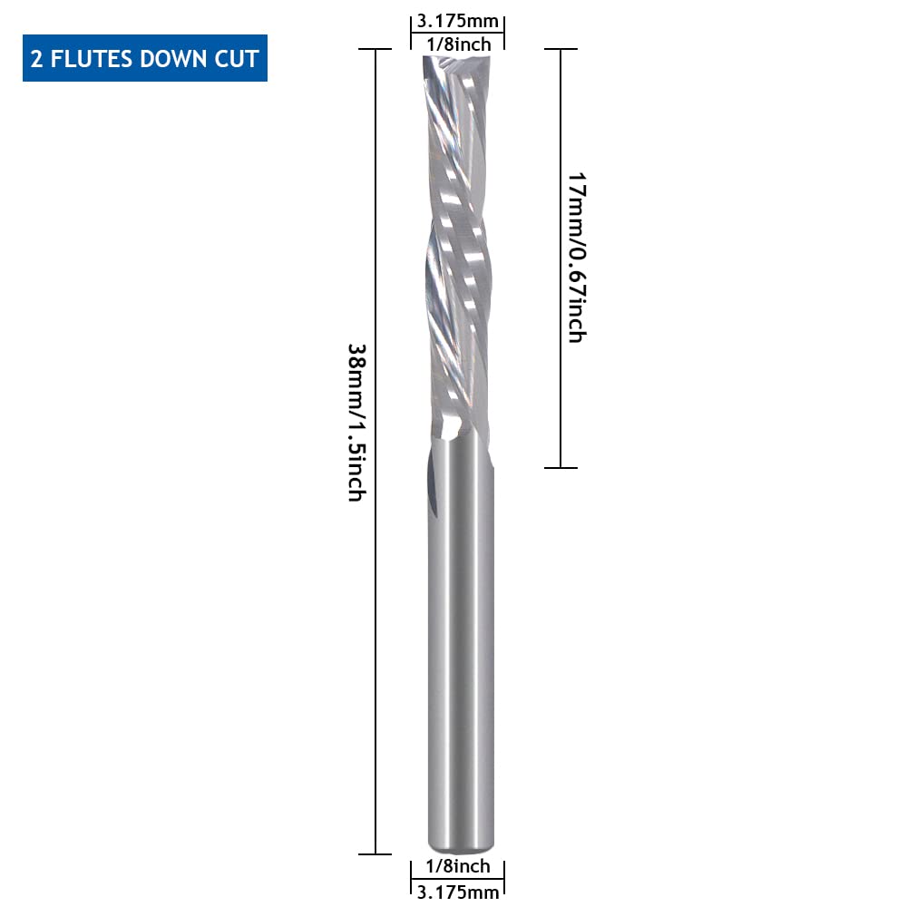 Hozly Downcut Bit 1/8" Shank Down Cut Spiral CNC Router Bits End Mill Tungsten Carbide Milling Cutter Set 5 Pack