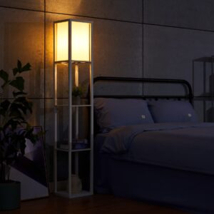 VONLUCE Etagere Floor Lamp with Shelves, Standing Lamp with 3 Wood Display Storage Shelves for Corner Living Room Bedroom Bedside, Modern Floor Lights with LED Bulb