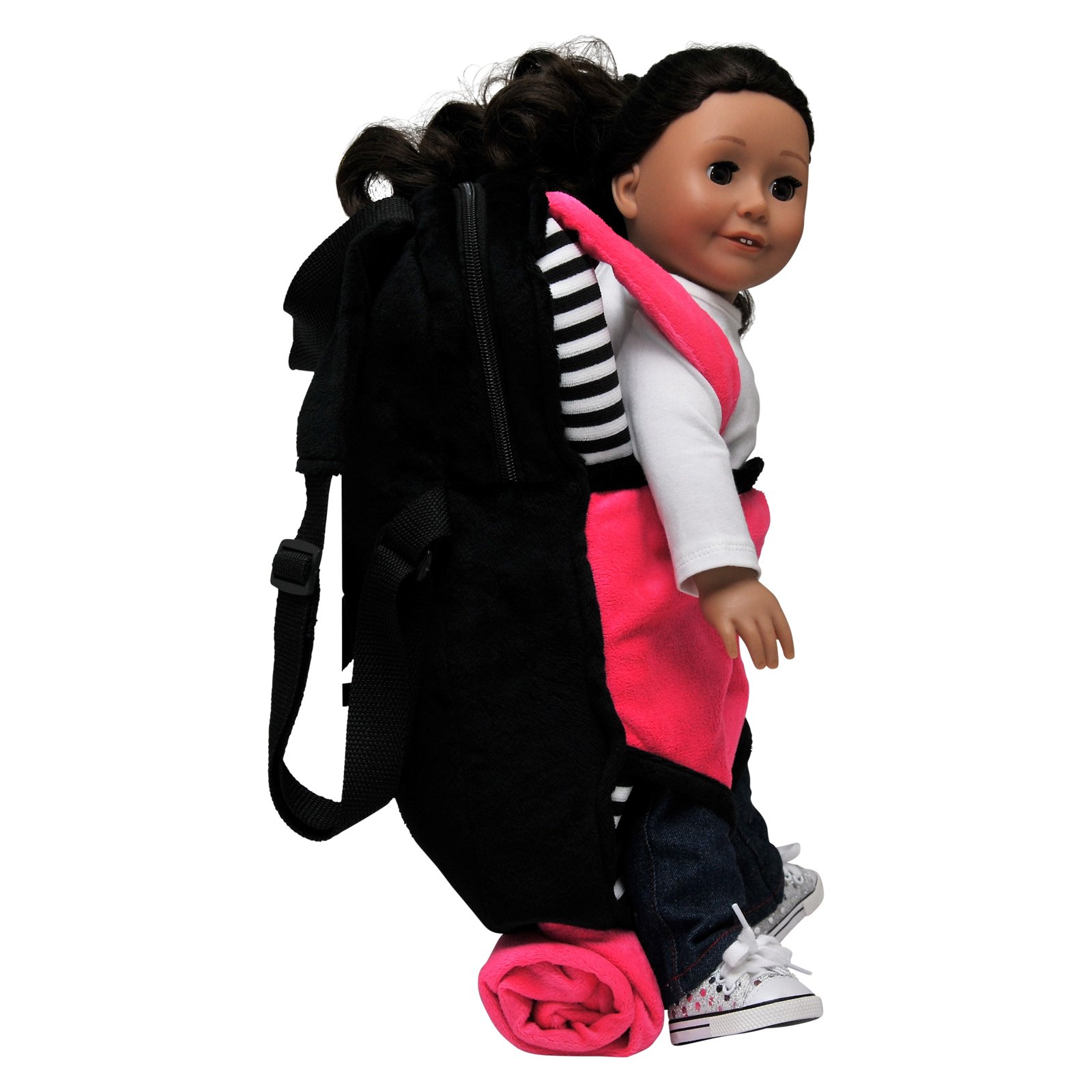 THE QUEEN'S TREASURES Pink, White and Black Doll Carrier Backpack and Doll Sleeping Bag, Compatible with 18" American Girl & 15 in Bitty Babies. Doll NOT Included