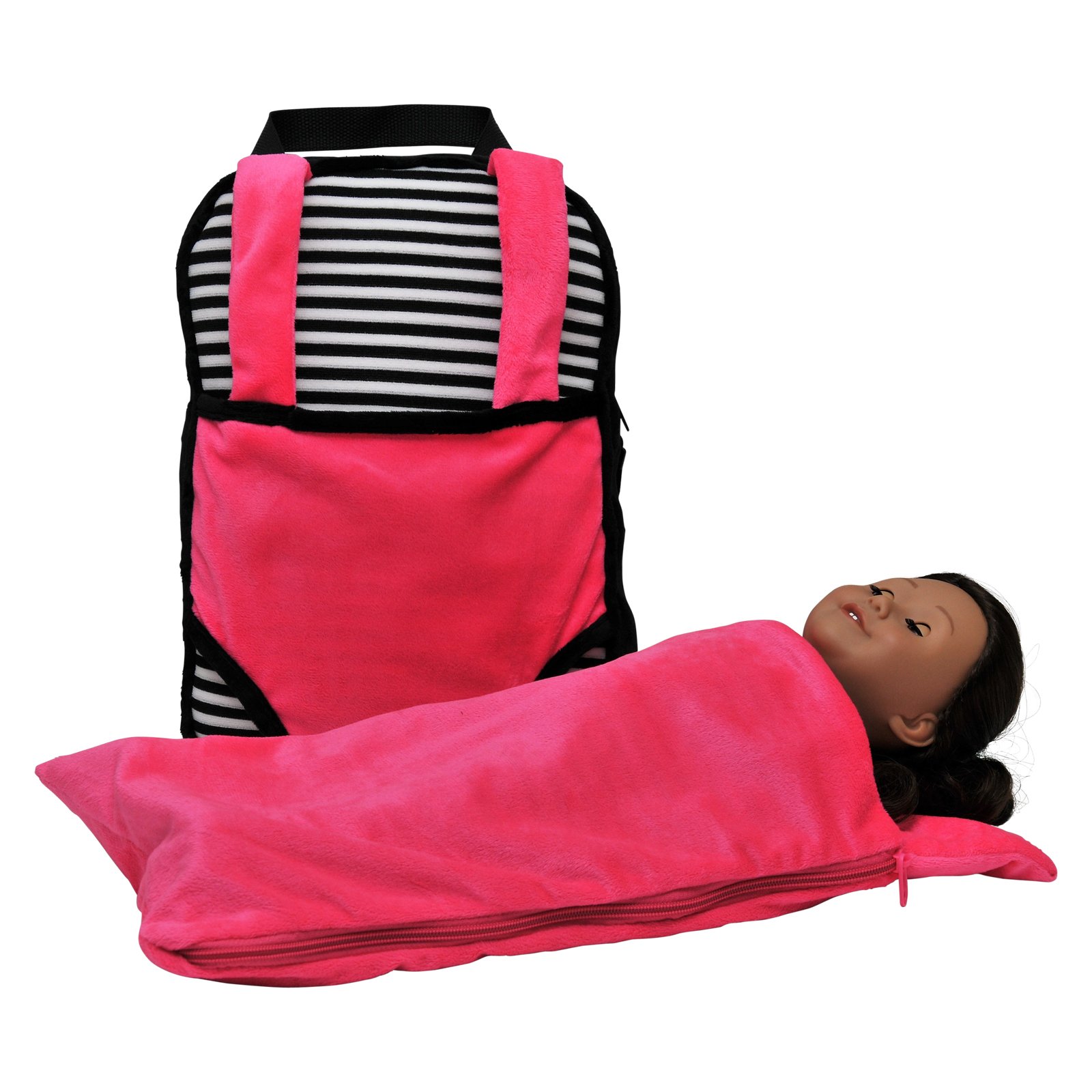 THE QUEEN'S TREASURES Pink, White and Black Doll Carrier Backpack and Doll Sleeping Bag, Compatible with 18" American Girl & 15 in Bitty Babies. Doll NOT Included