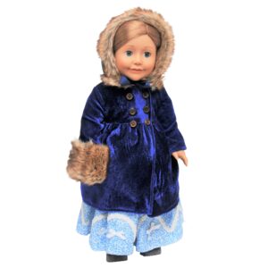 the queen's treasures 18" doll clothes outfit, blue velvet 1800's style polyester-fur trimmed coat, hat, and hand warmer, compatible for use with american girl dolls, doll not included