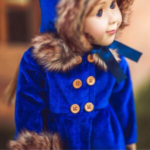 The Queen's Treasures 18" Doll Clothes Outfit, Blue Velvet 1800's Style Polyester-Fur Trimmed Coat, Hat, and Hand Warmer, Compatible for Use with American Girl Dolls, Doll NOT Included