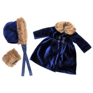 The Queen's Treasures 18" Doll Clothes Outfit, Blue Velvet 1800's Style Polyester-Fur Trimmed Coat, Hat, and Hand Warmer, Compatible for Use with American Girl Dolls, Doll NOT Included