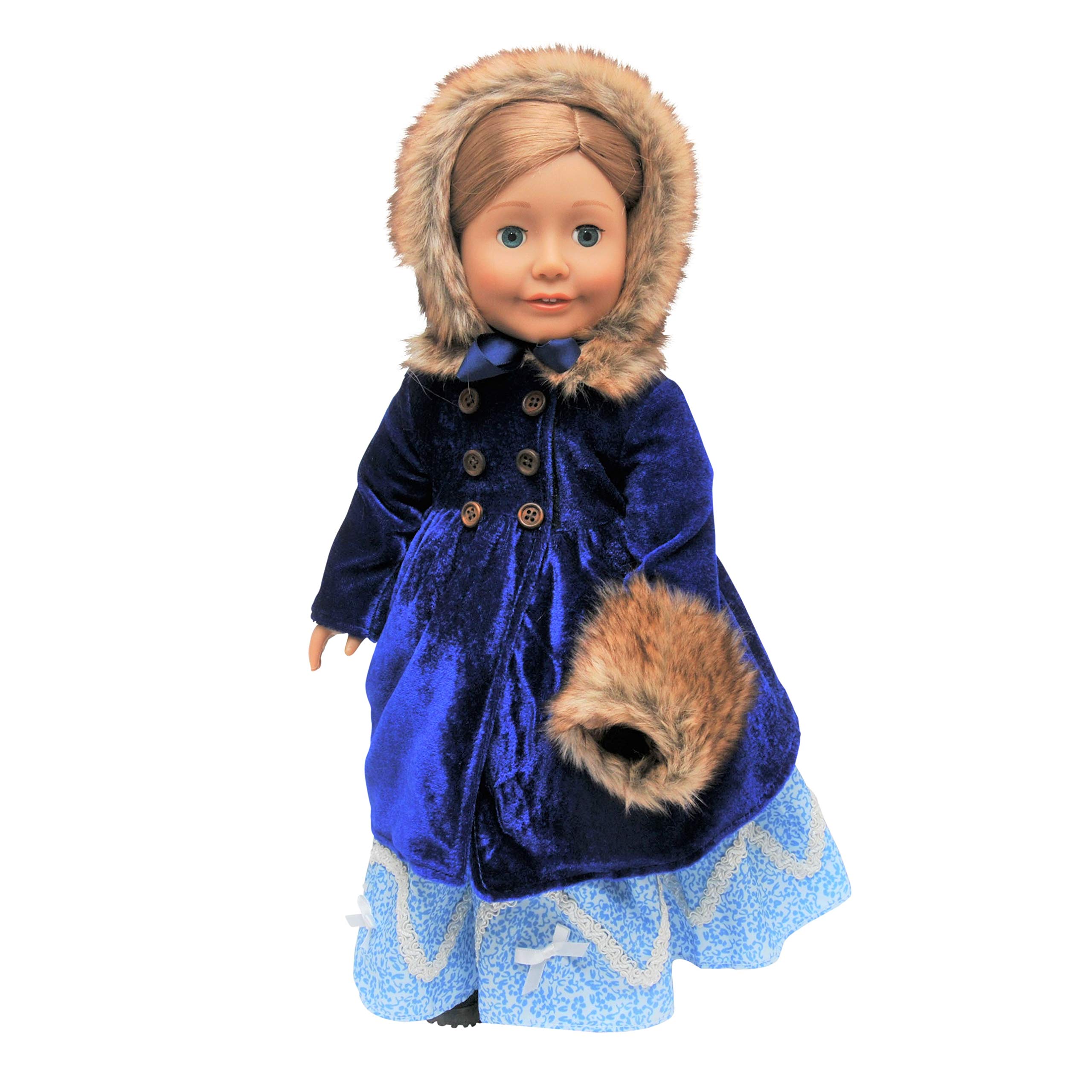 The Queen's Treasures 18" Doll Clothes Outfit, Blue Velvet 1800's Style Polyester-Fur Trimmed Coat, Hat, and Hand Warmer, Compatible for Use with American Girl Dolls, Doll NOT Included