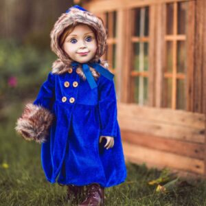 The Queen's Treasures 18" Doll Clothes Outfit, Blue Velvet 1800's Style Polyester-Fur Trimmed Coat, Hat, and Hand Warmer, Compatible for Use with American Girl Dolls, Doll NOT Included