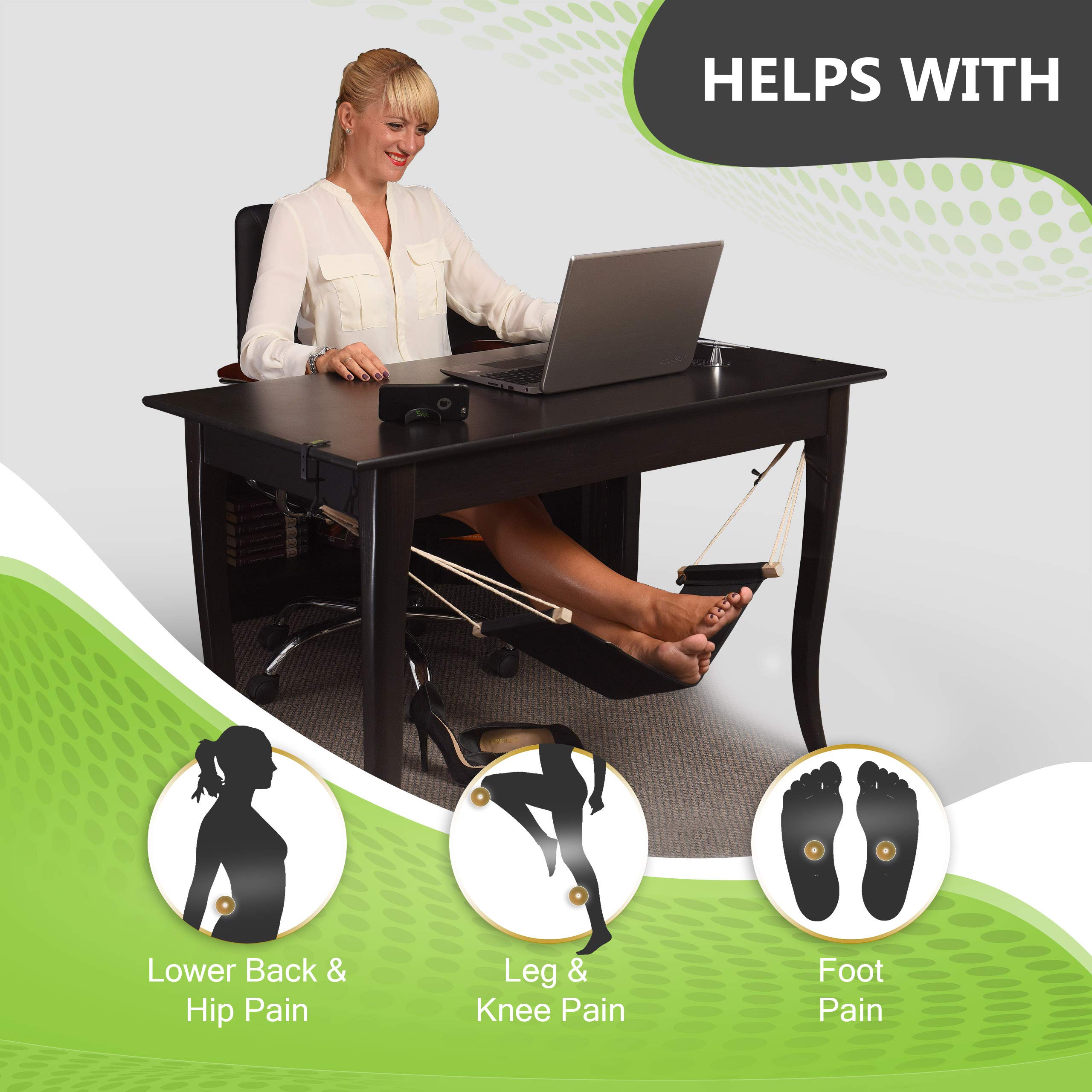 Foot Hammock Under Desk | Adjustable Desk Foot Rest Hammock Office | Under The Desk Hammock for Feet Suitable for All Desk Types & Bonus Included by 5fold Products (Black)