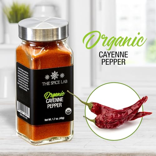 The Spice Lab Organic Cayenne Pepper Powder - Gluten Free Ground Cayenne Pepper for Mexican and Indian Cooking - 1.7 oz French Jar - Organic Kosher, Non GMO & Keto Friendly Salmon Seasoning