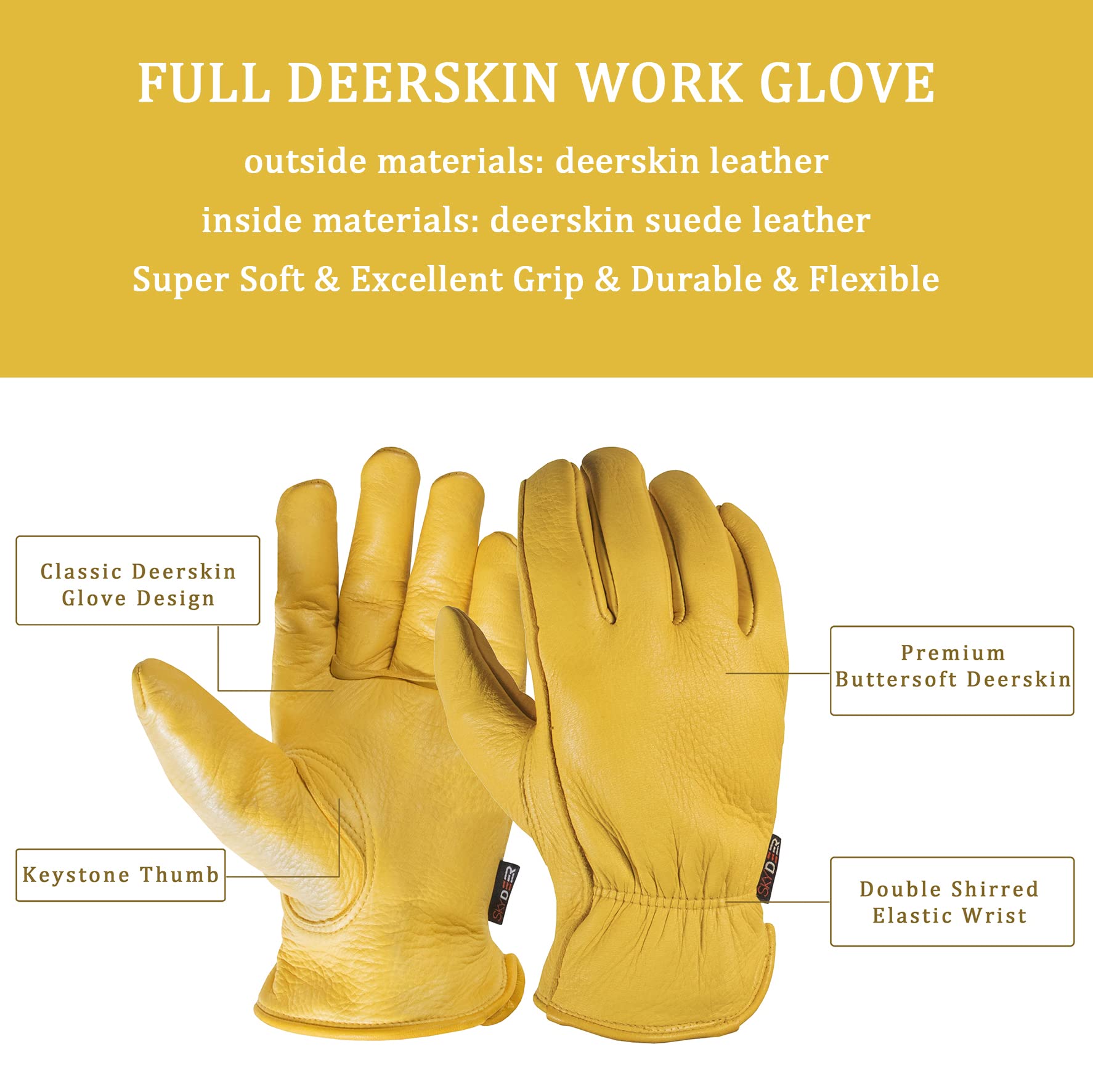 SKYDEER Full Premium Genuine Deerskin Leather Hi-Performance Utility Driver Work Gloves (SD2210/L, Unlined)