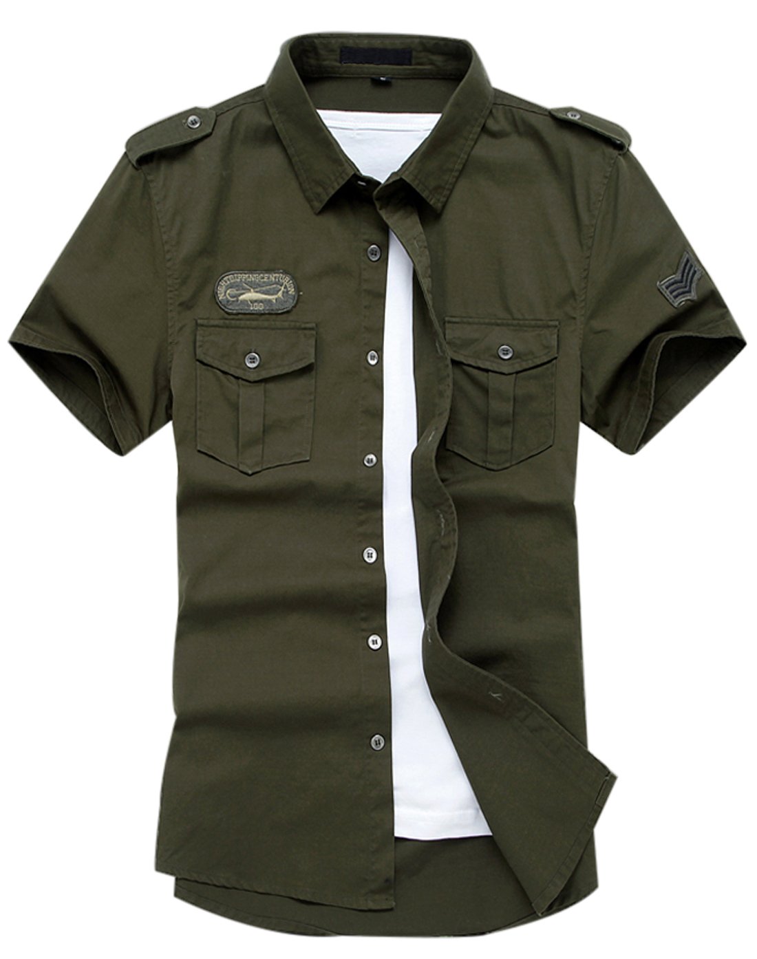 Gihuo Men Shirt Short Sleeve Military Button Down Army Tactical Shirt Utility Cargo Work Uniform Shirt Tops (Medium, Army Green)