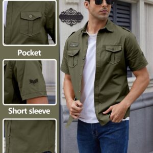 Gihuo Men Shirt Short Sleeve Military Button Down Army Tactical Shirt Utility Cargo Work Uniform Shirt Tops (Medium, Army Green)