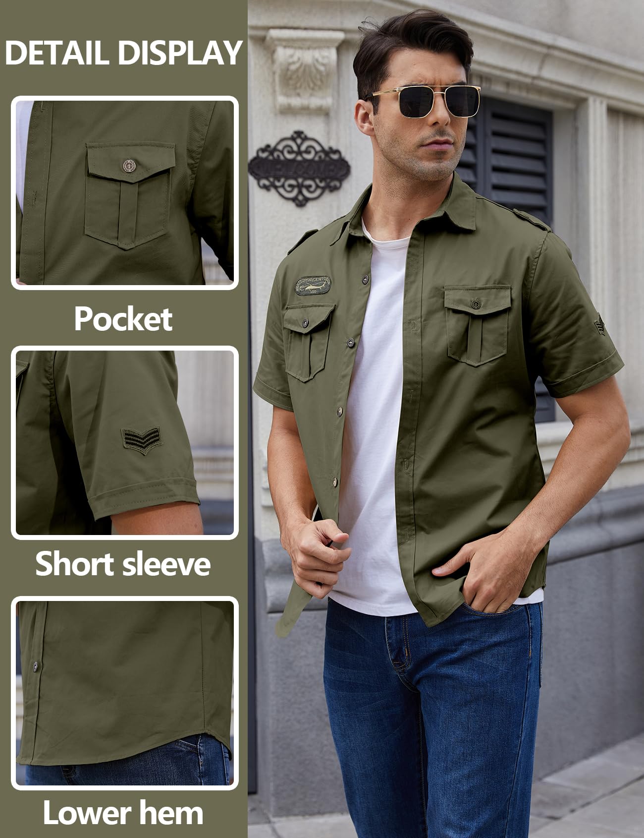 Gihuo Men Shirt Short Sleeve Military Button Down Army Tactical Shirt Utility Cargo Work Uniform Shirt Tops (Medium, Army Green)