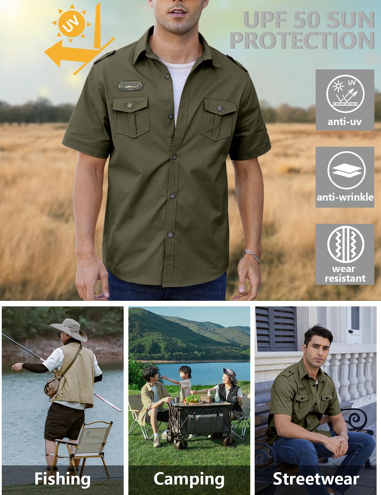 Gihuo Men Shirt Short Sleeve Military Button Down Army Tactical Shirt Utility Cargo Work Uniform Shirt Tops (Medium, Army Green)