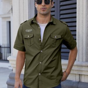 Gihuo Men Shirt Short Sleeve Military Button Down Army Tactical Shirt Utility Cargo Work Uniform Shirt Tops (Medium, Army Green)