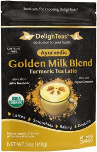 delighteas organic golden milk powder with turmeric, ginger, ceylon cinnamon | ayurvedic spices for golden turmeric latte | unsweetened, vegan, non-gmo, keto | 120 servings, 5 oz.