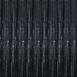 GOER 3.2 ft x 9.8 ft Black Photo Backdrop Party Streamers for Halloween,Birthday Party,1 Pack Black Metallic Tinsel Foil Fringe Curtains Party Decorations Wedding Decor