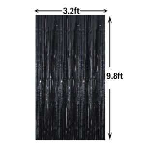 GOER 3.2 ft x 9.8 ft Black Photo Backdrop Party Streamers for Halloween,Birthday Party,1 Pack Black Metallic Tinsel Foil Fringe Curtains Party Decorations Wedding Decor