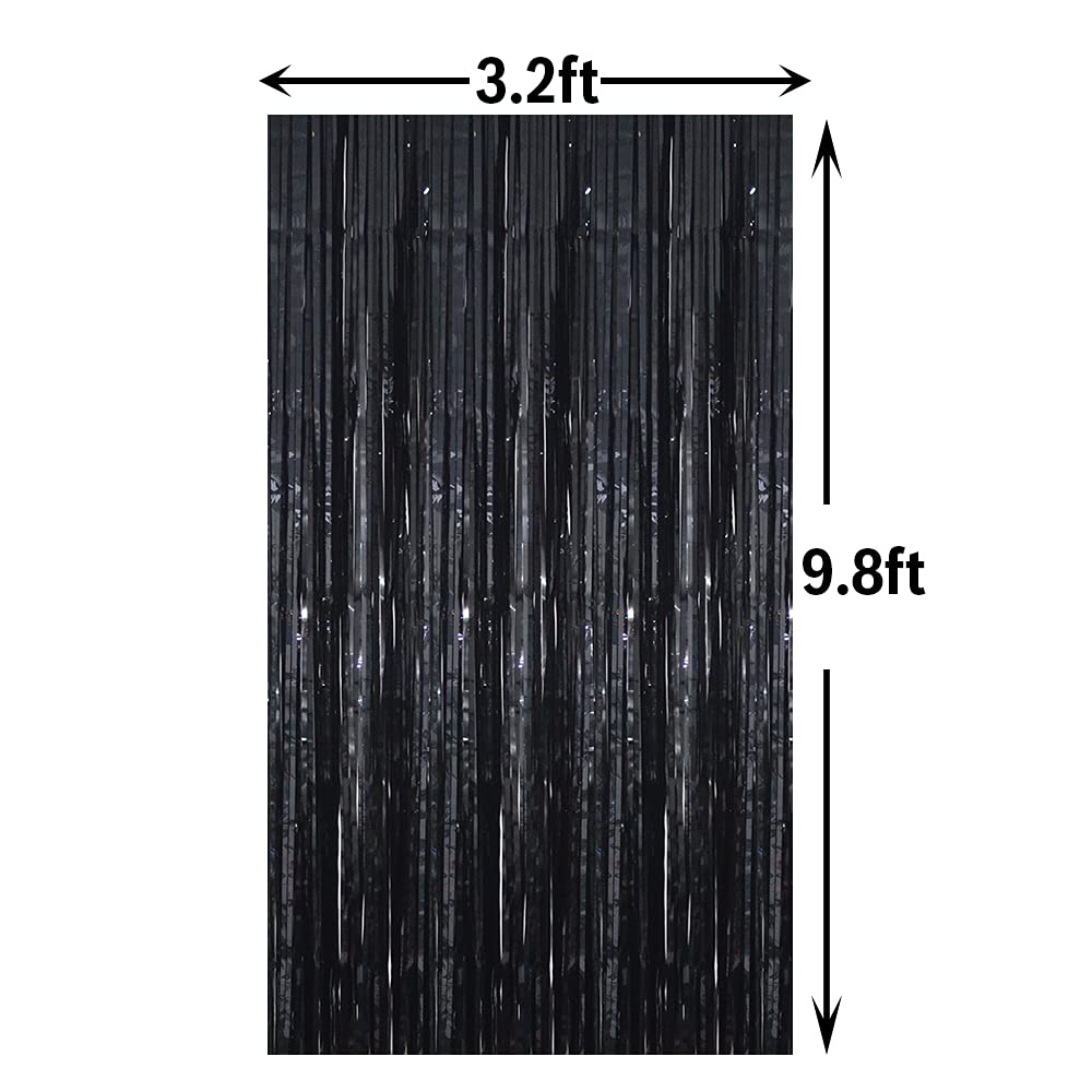 GOER 3.2 ft x 9.8 ft Black Photo Backdrop Party Streamers for Halloween,Birthday Party,1 Pack Black Metallic Tinsel Foil Fringe Curtains Party Decorations Wedding Decor