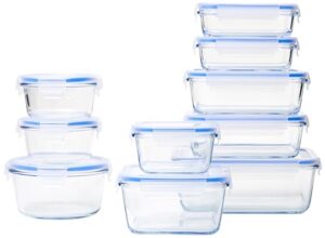 amazon basics 20-piece glass food storage containers, 10 count of bases and plastic lids, transparent, blue
