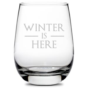 integrity bottles, got, winter is here, stemless wine glass, handmade, handblown, hand etched gifts, sand carved, 16oz