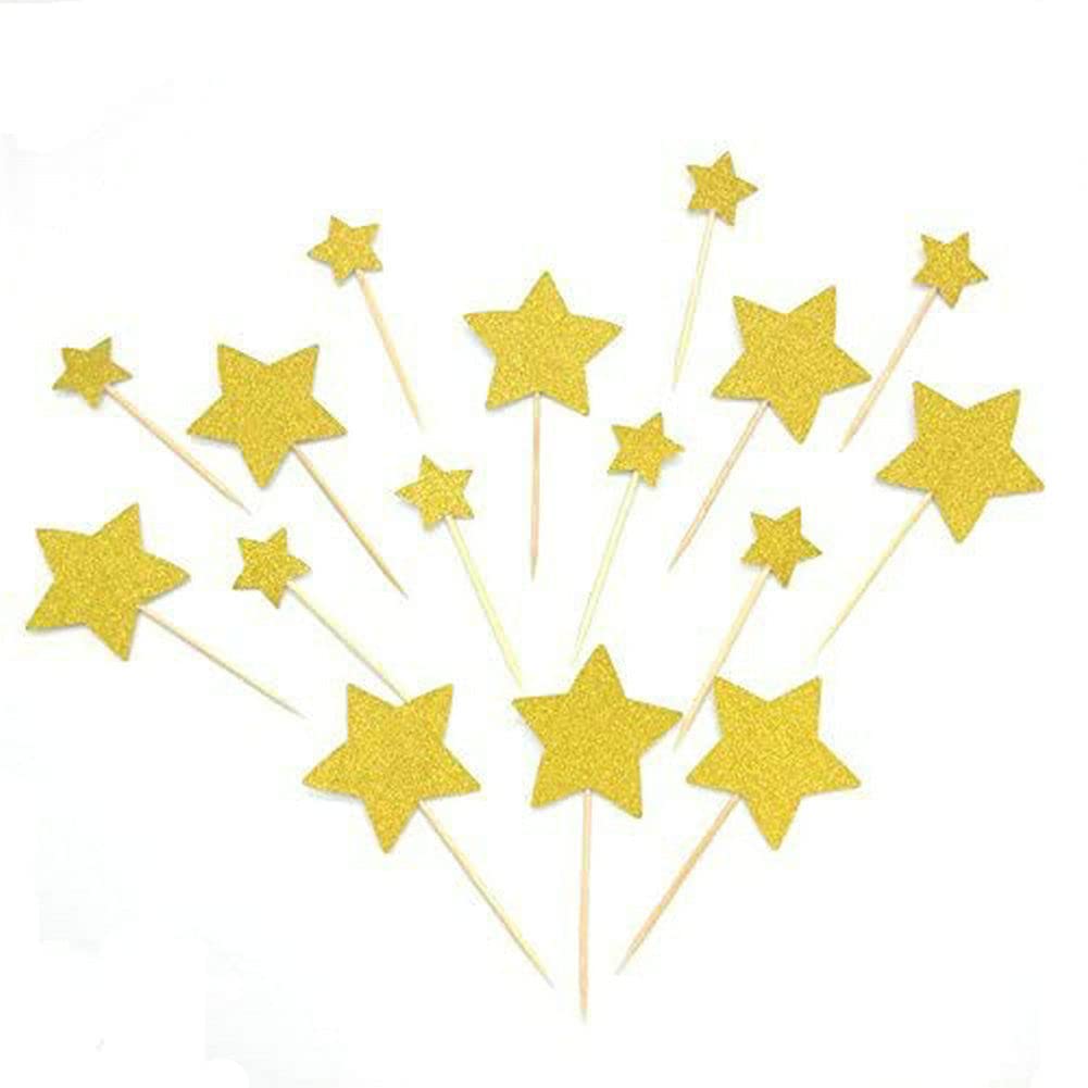 Hemarty 40 Pcs Twinkle Gold Star Cupcake Toppers DIY Glitter Mini Birthday Cake Snack Decorations Picks Suppliers Party Accessories for Wedding Baby Shower