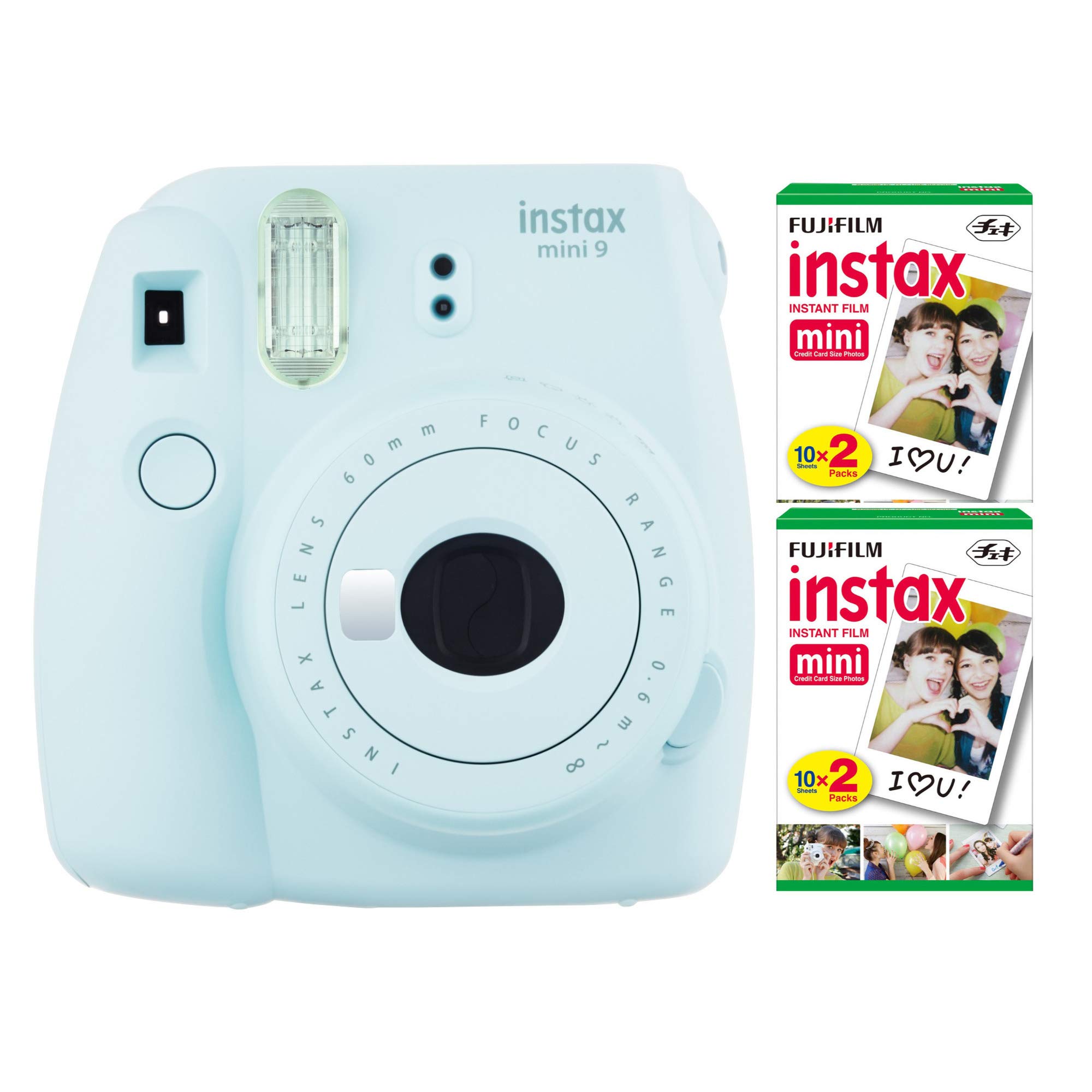 Fujifilm Instax Mini 9 Instant Camera (Ice Blue) with 2 x Instant Twin Film Pack (40 Exposures)