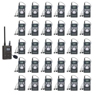 exmax exg-108 live translator device wireless microphone fm radio broadcast system for social distancing tour guide teaching meeting training church parking lot 1 transmitter & 30 receivers (gray)