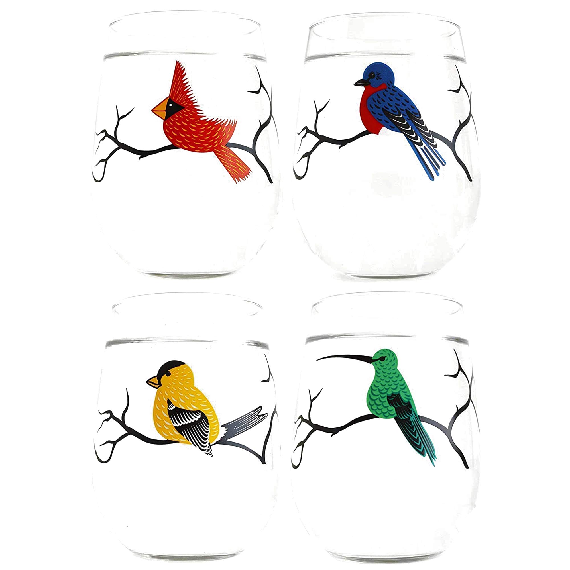 Bird Glassware Set of 4 Stemless Wine Glasses, Cardinal, Bluebird, Yellow Finch, Hummingbird Glass Collection