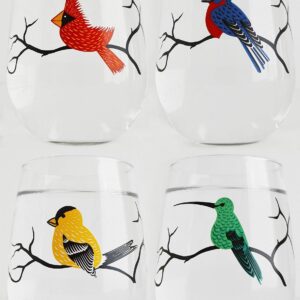 Bird Glassware Set of 4 Stemless Wine Glasses, Cardinal, Bluebird, Yellow Finch, Hummingbird Glass Collection