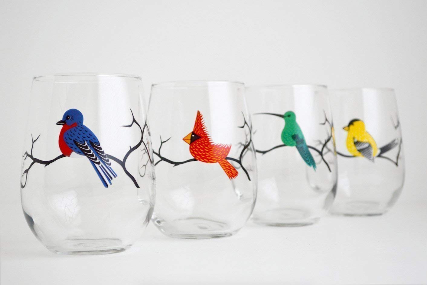 Bird Glassware Set of 4 Stemless Wine Glasses, Cardinal, Bluebird, Yellow Finch, Hummingbird Glass Collection