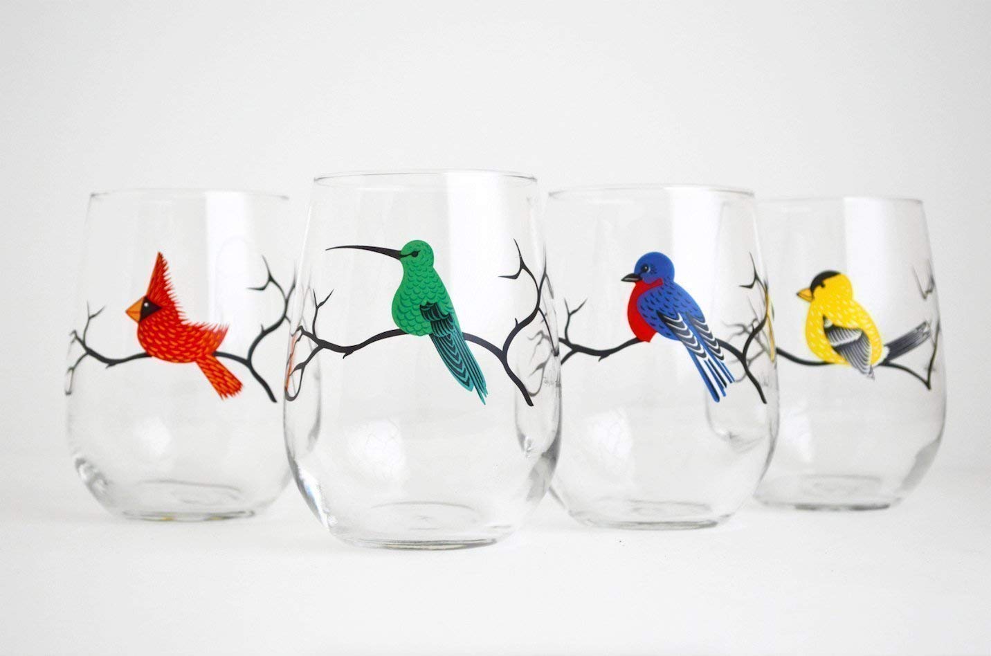 Bird Glassware Set of 4 Stemless Wine Glasses, Cardinal, Bluebird, Yellow Finch, Hummingbird Glass Collection