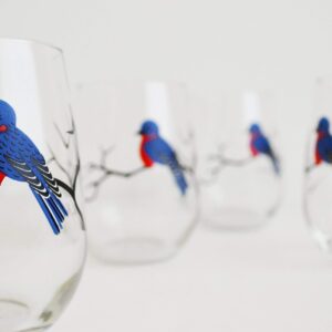 Bird Glassware Set of 4 Stemless Wine Glasses, Cardinal, Bluebird, Yellow Finch, Hummingbird Glass Collection