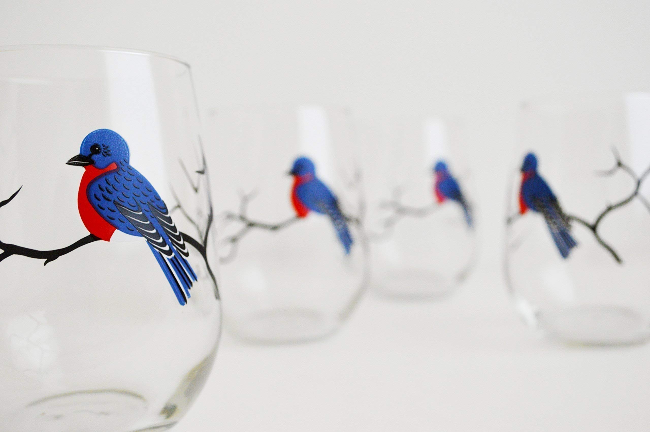 Bird Glassware Set of 4 Stemless Wine Glasses, Cardinal, Bluebird, Yellow Finch, Hummingbird Glass Collection